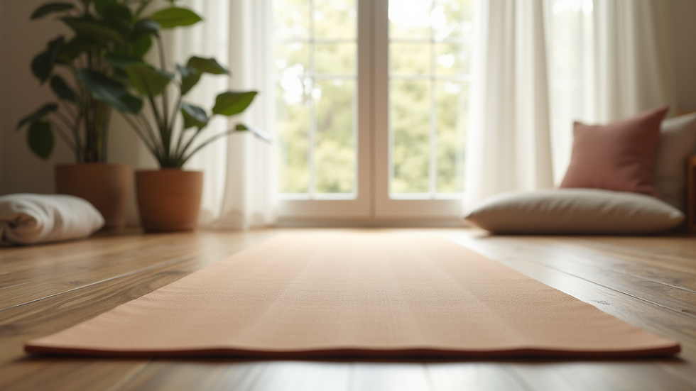 Eye-level view of a yoga mat and peaceful studio corner