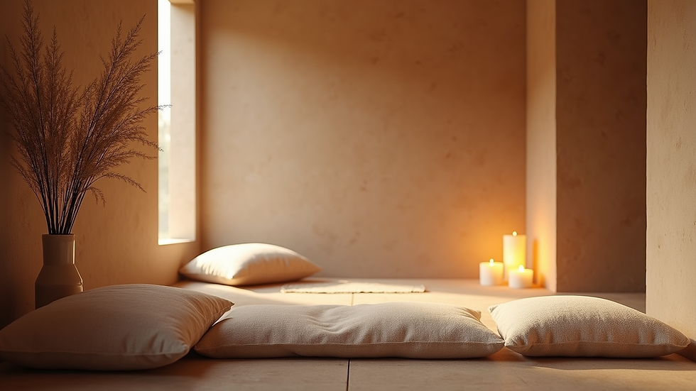 Eye-level view of a cozy meditation corner with cushions and soft lighting