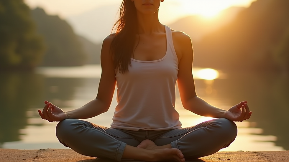 Close-up view of a person sitting cross-legged outdoors practicing deep breathing