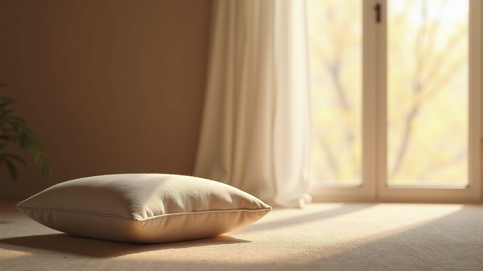 Close-up view of a calm indoor space with a cushion and soft lighting for breathwork practice
