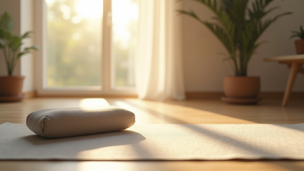 Close-up view of a yoga mat and meditation cushion in a sunlit room