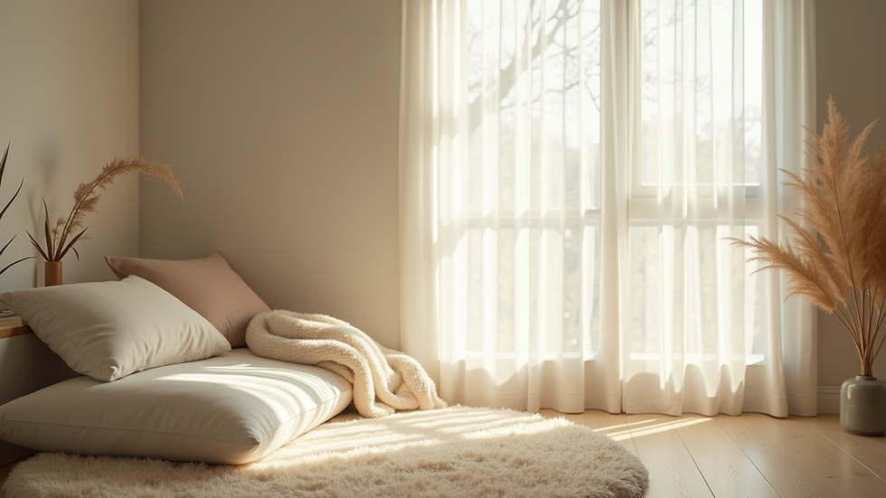Eye-level view of a peaceful room with soft cushions and natural light for breath work practice