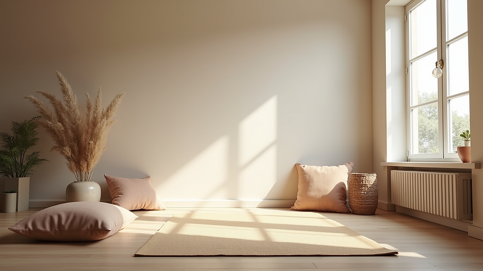 Eye-level view of a serene home meditation space with a yoga mat and cushions