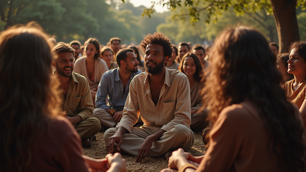 Eye-level view of a community gathering around a storytelling event
