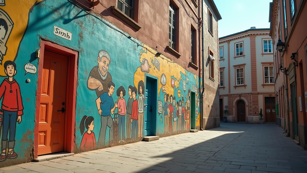 Eye-level view of a vibrant mural depicting community stories