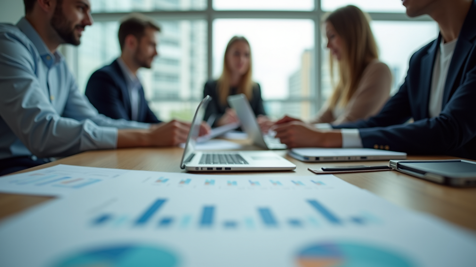 Eye-level view of a business meeting with charts and laptops on the table