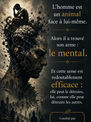 Illustration sombre d’un homme assis sur des engrenages et d’un visage fissuré, évoquant un mental qui peut se retourner contre soi.