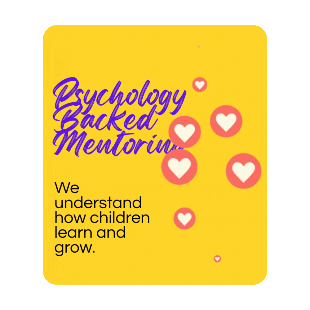 Card with hearts and playful text promoting psychology-backed mentoring for student growth.
