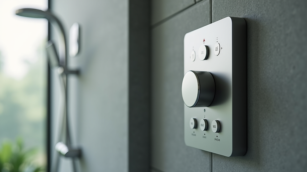 Close-up of a smart shower control panel with eco-friendly bathroom tiles