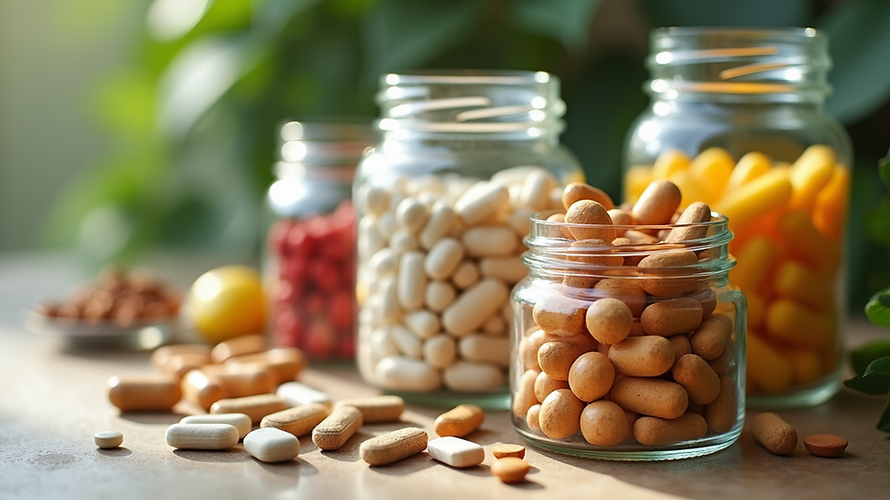Close-up view of assorted natural supplements in glass jars