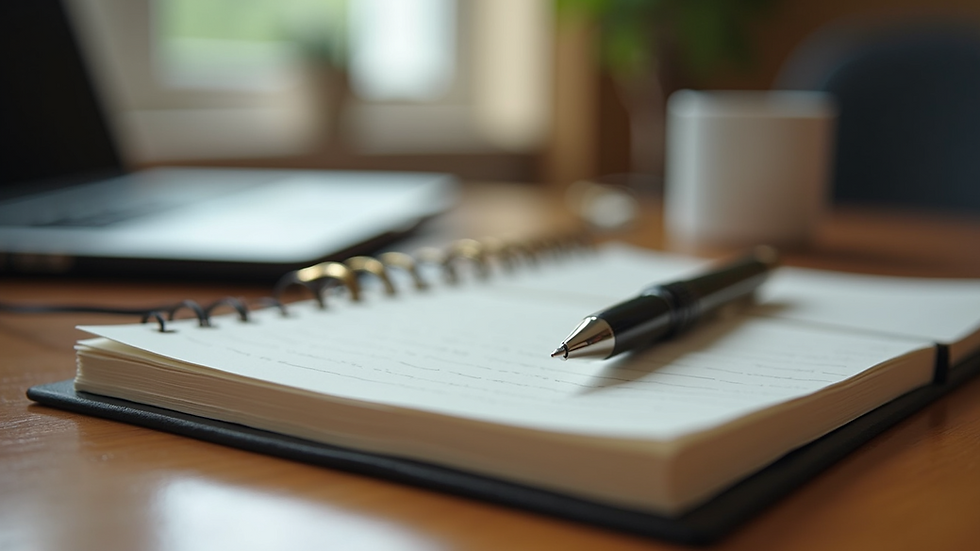 Eye-level view of a notebook and pen on a wooden desk