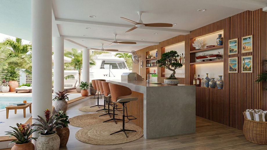 Close-up of outdoor bar area and pool.  