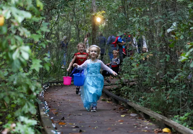 Della Hunter, 3, races along the trail ahead of her sister Piper during the annual Oatland Island Halloween Hike on Friday, October 13, 2023. Richard Burkhart/Savannah Morning News