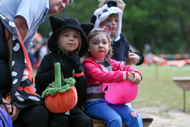 Lucy Hendricks, 4, and Adaline O'Meara, 3, are ready for the annual Oatland Island Halloween Hike on Friday, October 13, 2023. Richard Burkhart/Savannah Morning News