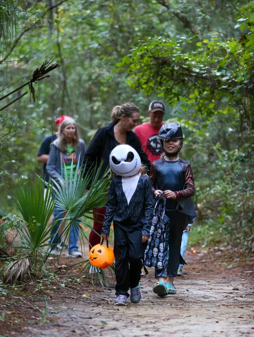 Jack Skellington leads the way during the annual Oatland Island Halloween Hike on Friday, October 13, 2023. Richard Burkhart/Savannah Morning News