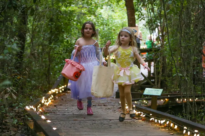 Ashley Chivington, 4, and Allie McDaniel, 5, skip along the trail during the annual Oatland Island Halloween Hike on Friday, October 13, 2023. Richard Burkhart/Savannah Morning News