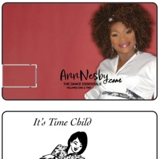 Promotional graphic featuring Ann Nesby on a red background with the text “AnnNesby.com – The Dance Essentials Volumes One & Two,” alongside a separate panel reading “It’s Time Child Records” with an illustrated woman reclining and a USB drive icon.