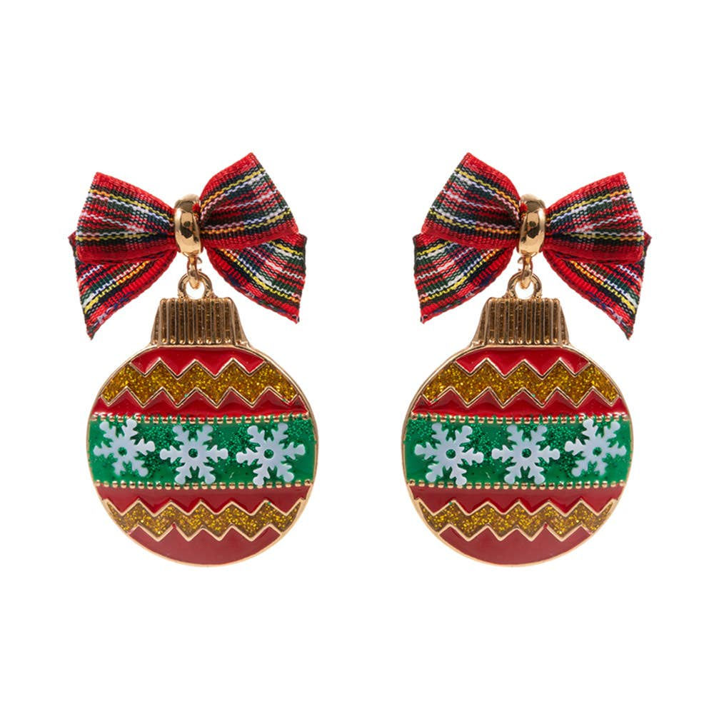 Bow Pointed Enamel Christmas Ornament Dangle Earrings