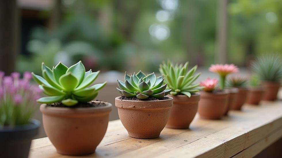 Close-up view of a table with colorful succulent arrangements and decorative pots