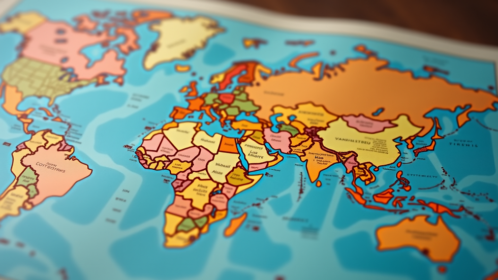 Close-up view of a global map highlighting trade routes