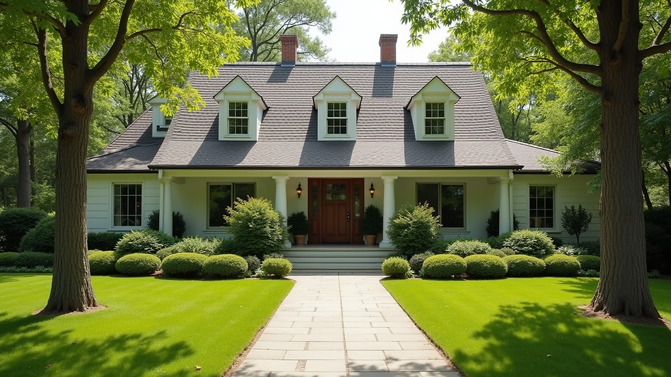 Wide angle view of a beautifully landscaped front yard
