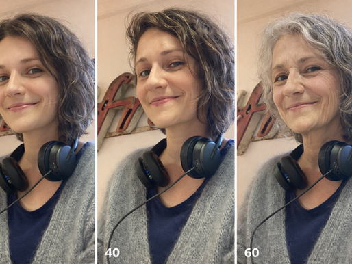 KI-generiertes Bild von Katharina, links mit 20, rechts mit 60, in der Mitta das Original mit rund 40 Jahren.