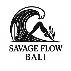 Graphic logo combining surf wave, boxing gloves, and yoga position