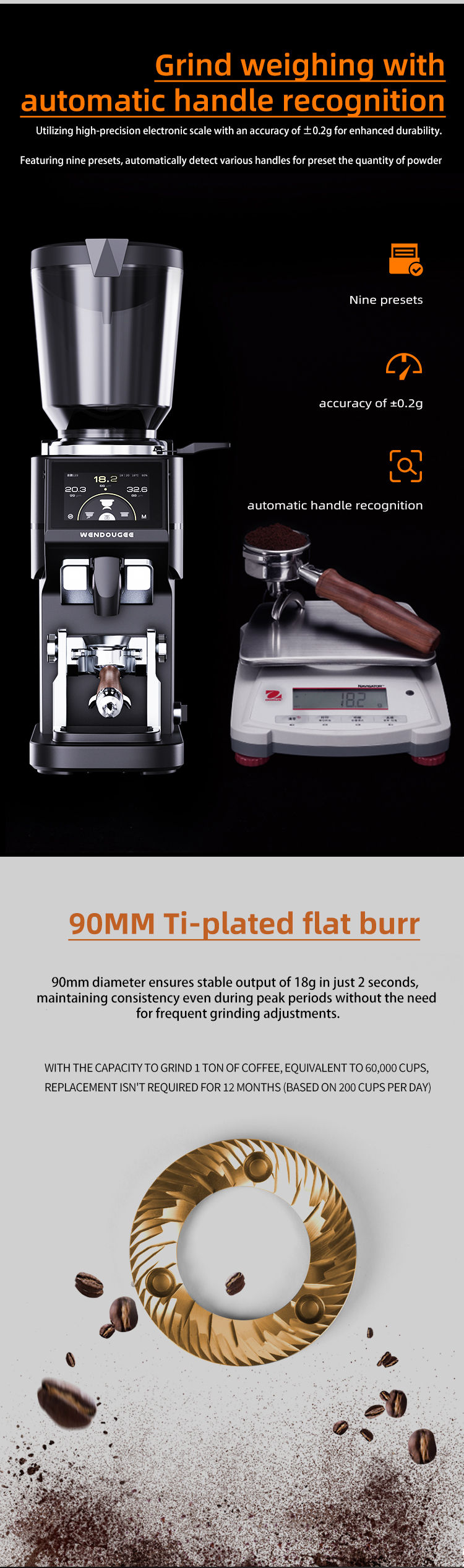 Miniaturbild: Wendougee ARES – 90 mm Commercial Espresso Grinder | 5″ IoT Screen, Auto Weighin