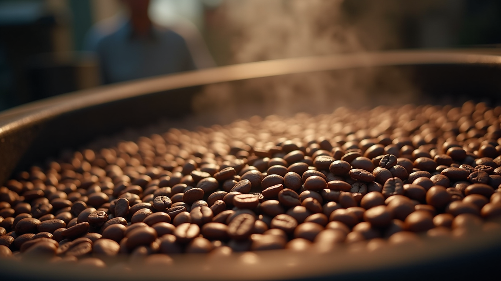 Close-up view of premium coffee beans in a roasting drum