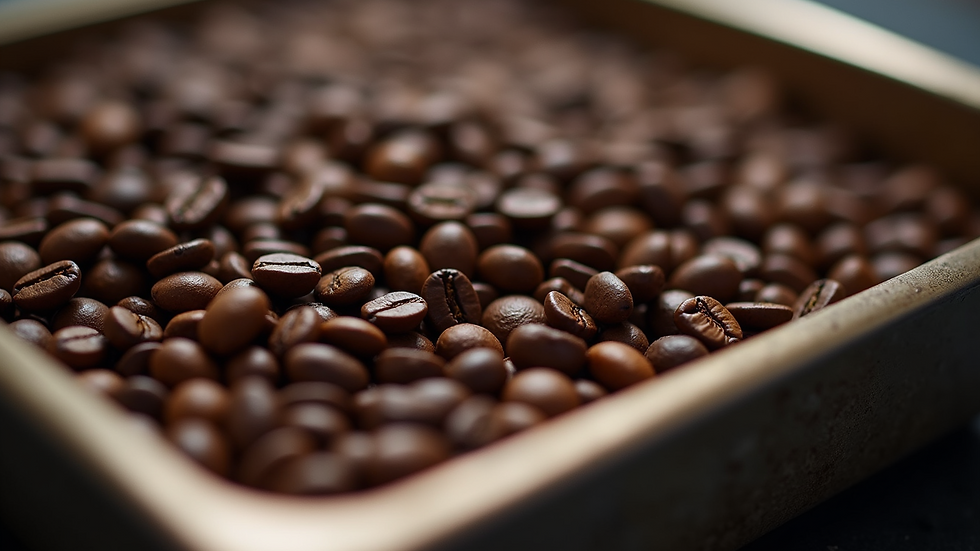 Close-up view of freshly roasted coffee beans in a cooling tray