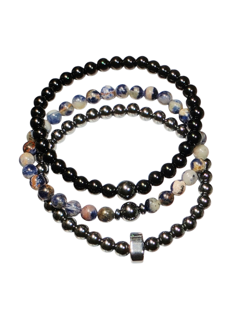3-Piece Beaded Bracelet Stack – Blue Sodalite, Black Hematite & Black Glass 6mm