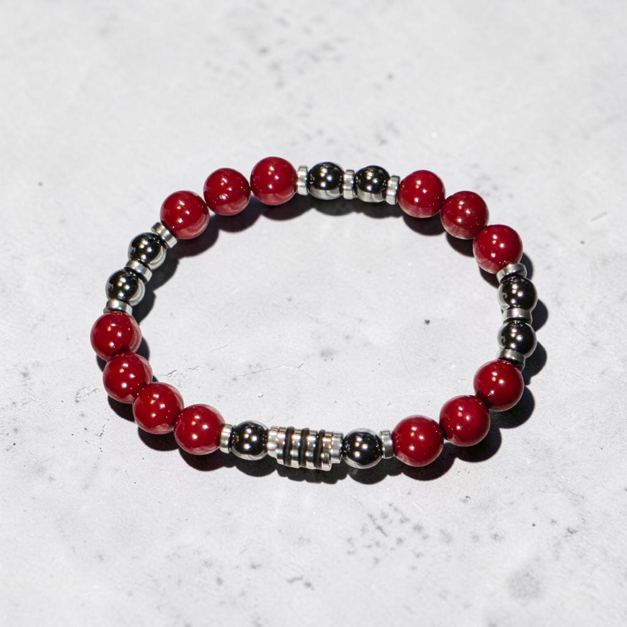 Red Beaded Bracelet with Stainless Steel Accents – Stretch Bracelet