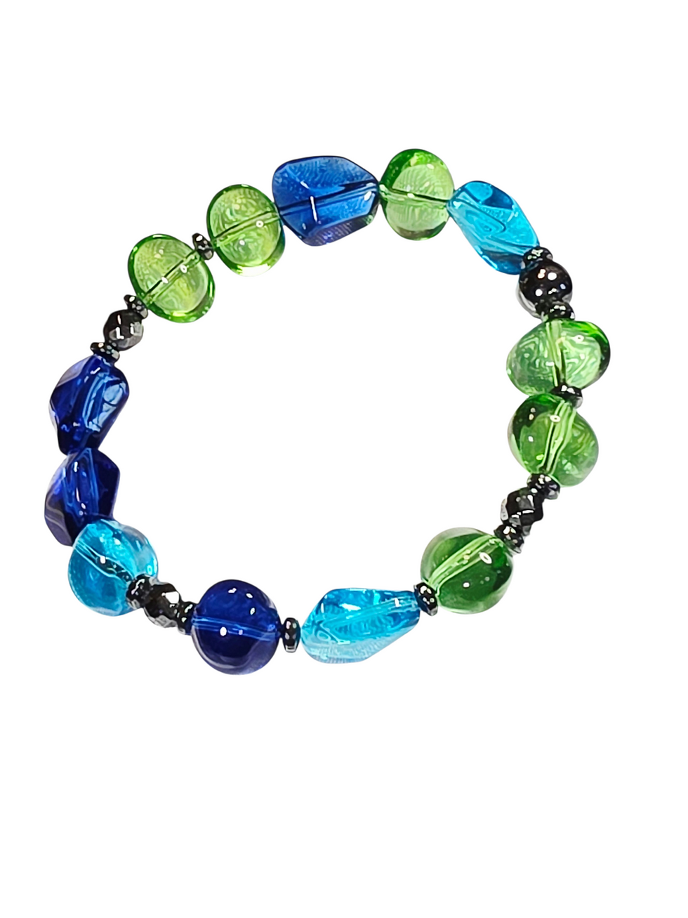 Thumbnail: Vibrant blue and green beaded stretch bracelet