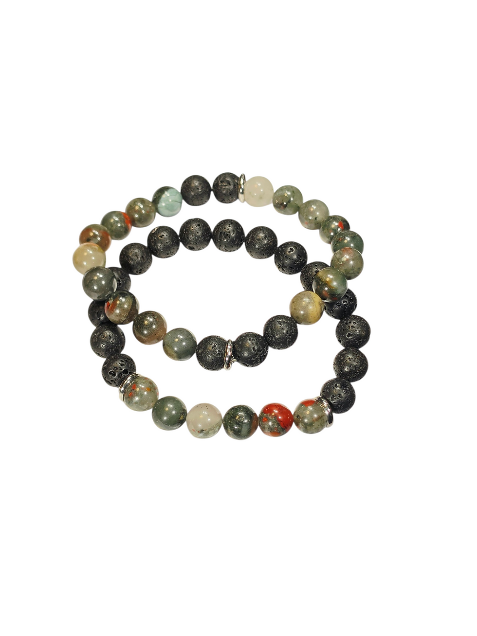Thumbnail: Two beaded bracelets, one colorful crystal, one dark lava