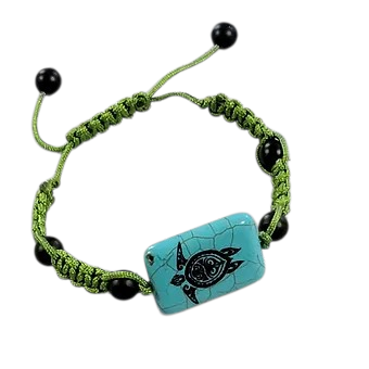 Thumbnail: Green braided beaded bracelet with turquoise turtle charm