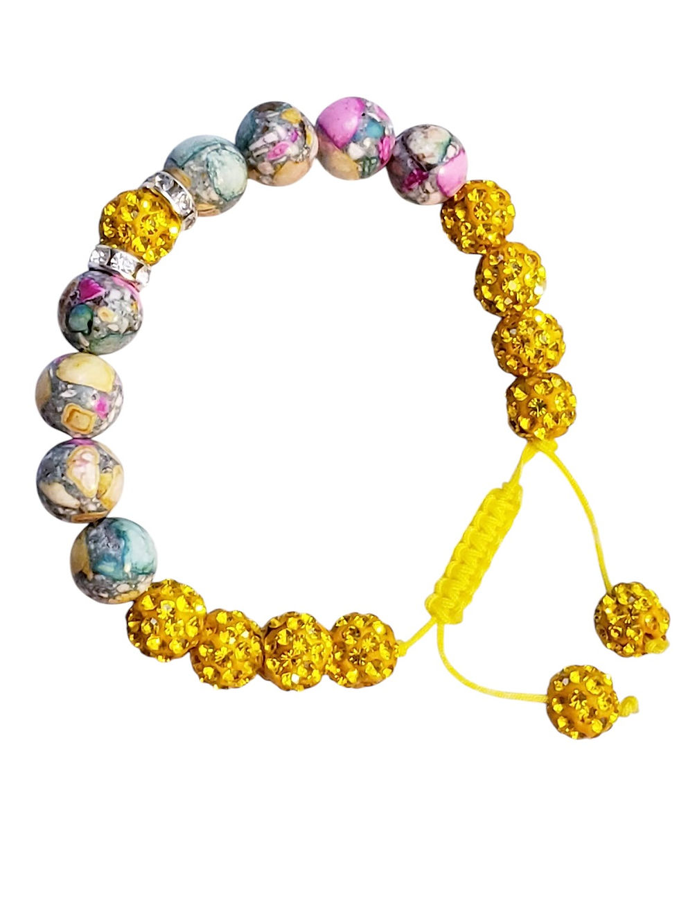 Thumbnail: Adjustable beaded bracelet with patterned and gold crystal beads