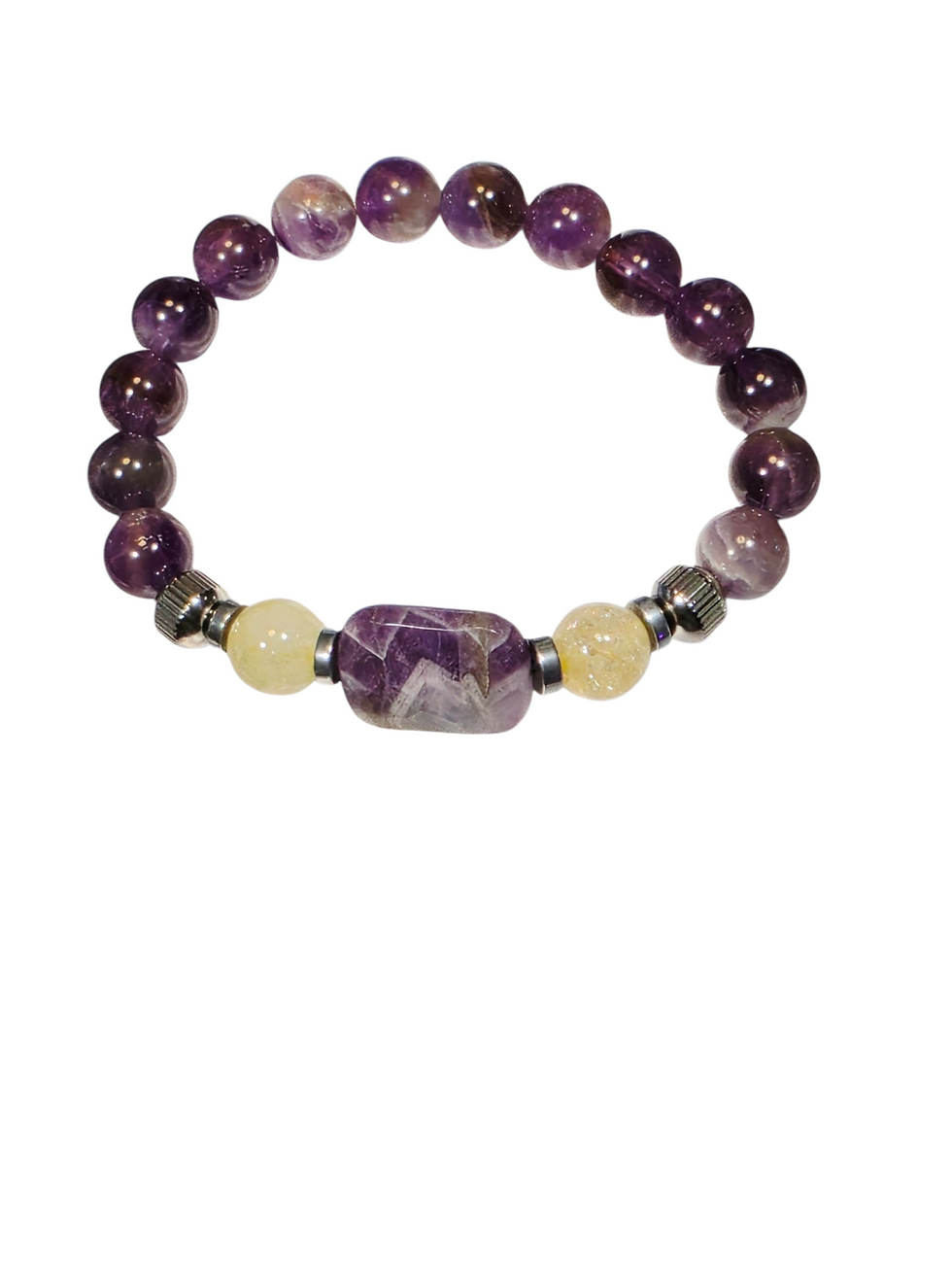 Elegant stretch bracelet featuring natural amethyst beads accented with citrine stones and stainless steel beads for a timele