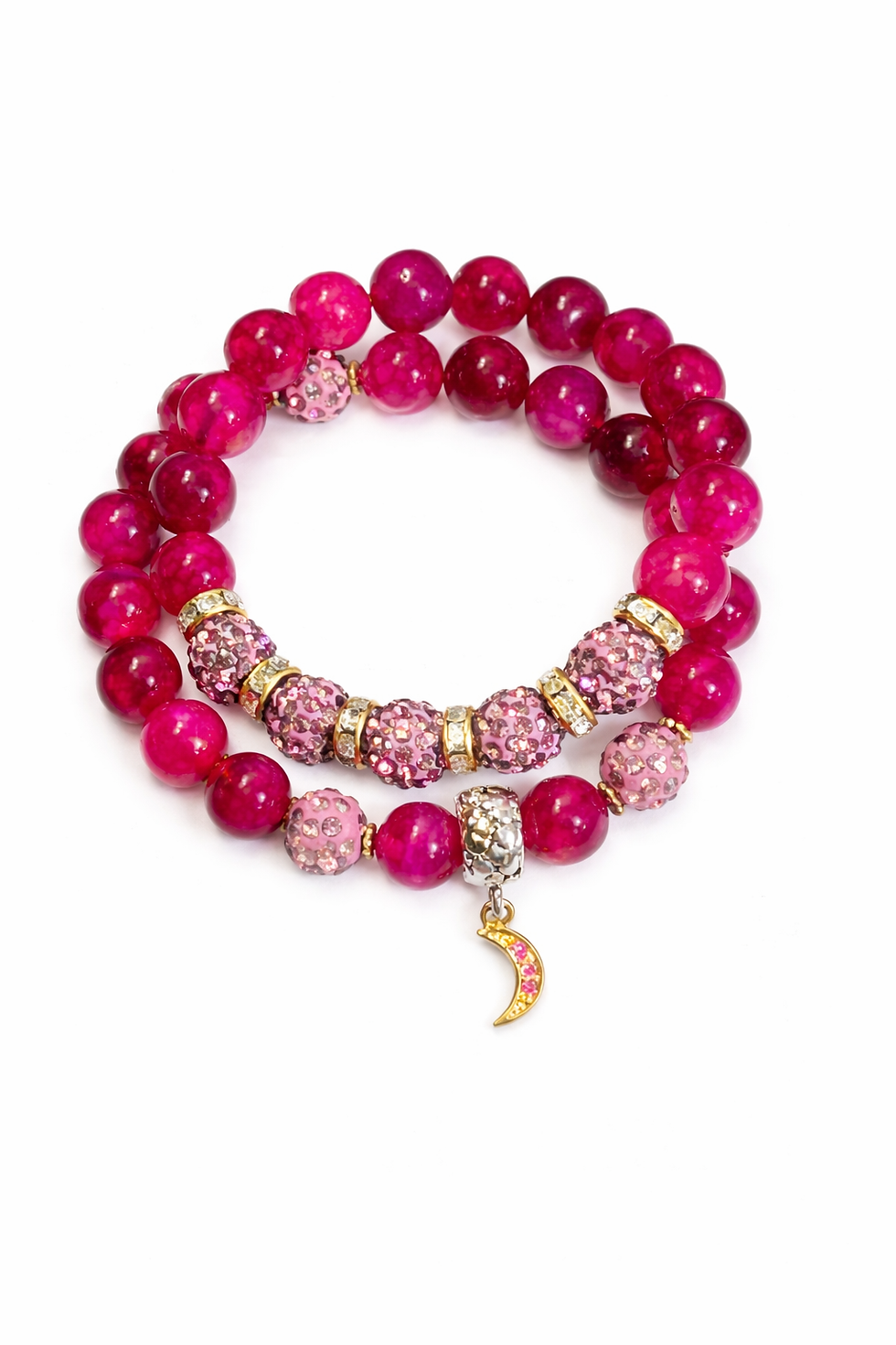 Pink beaded bracelet with sparkling beads and moon charm