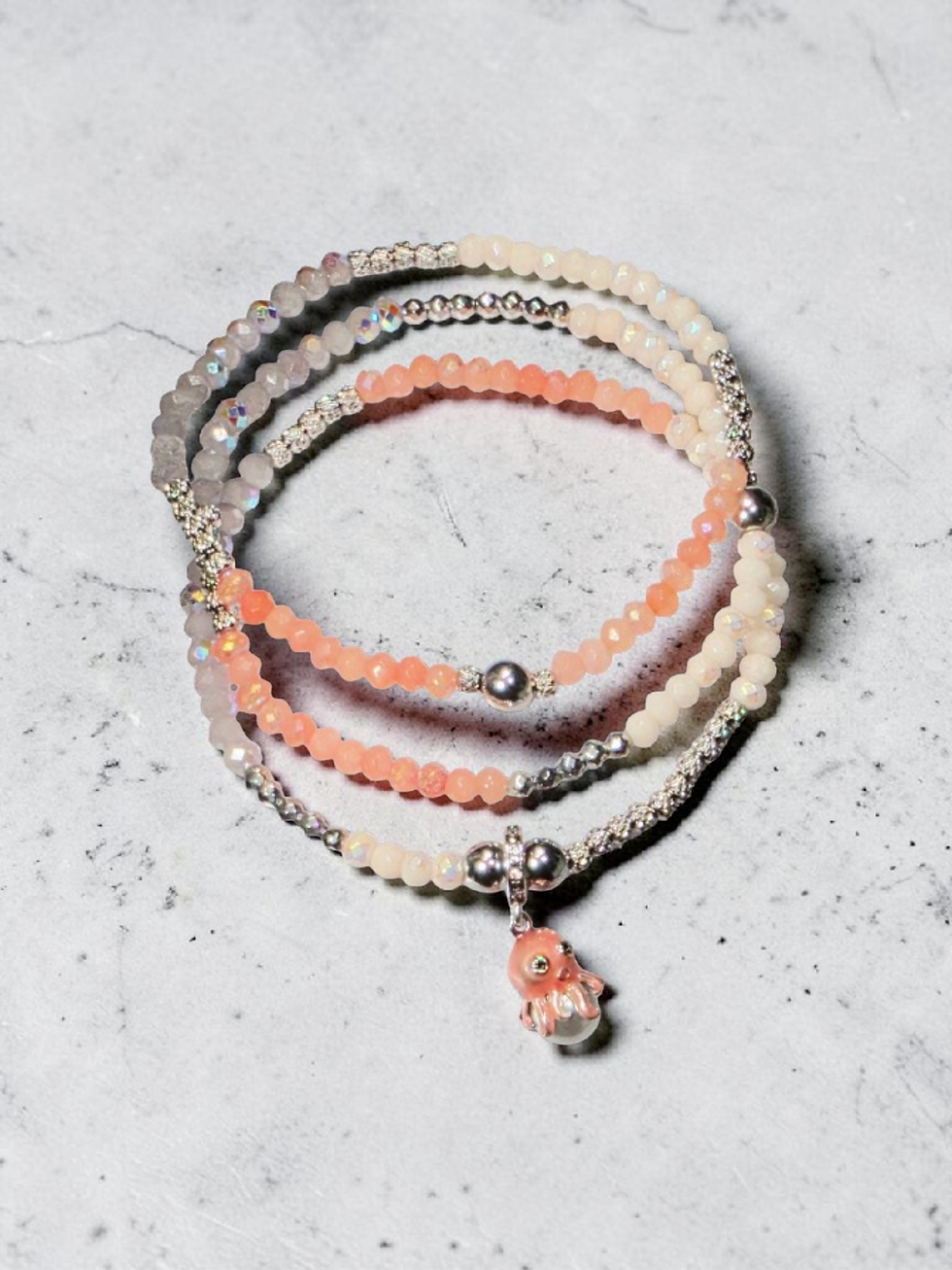 Thumbnail: bracelet stack, gray jade bracelet, faceted stone bracelet, hematite bead bracelet, silver stainless steel bracelet, stretch