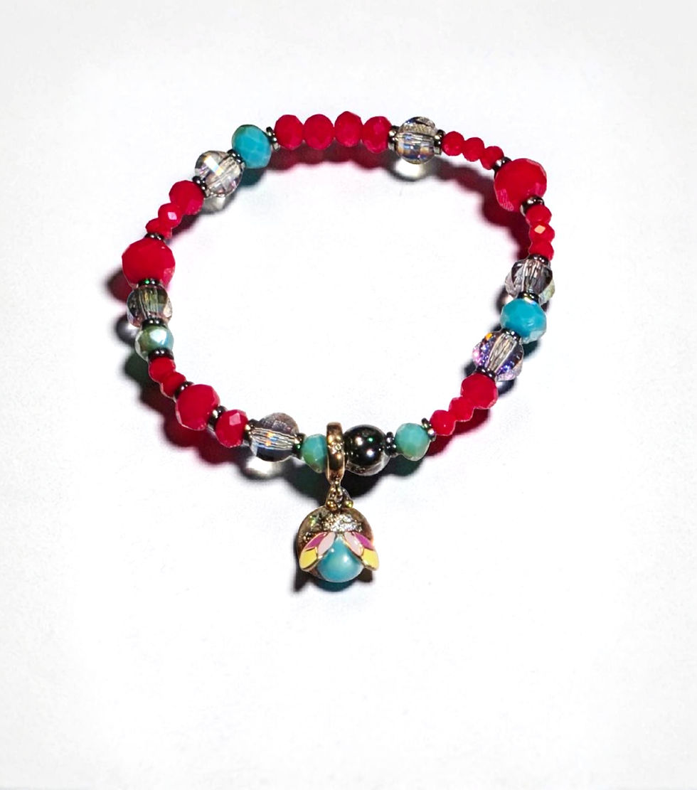 Red and turquoise beaded bracelet with charm