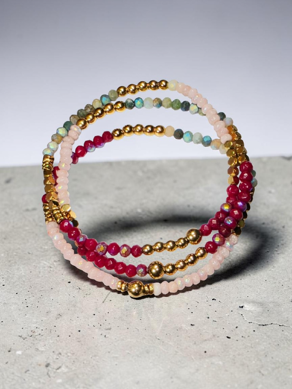 Thumbnail: Red and Gray faceted stone beaded Bracelet - Stretch 3 pcs