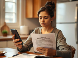 Mujer en la mesa de su cocina revisa un documento de la corte de inmigración mientras sostiene su teléfono