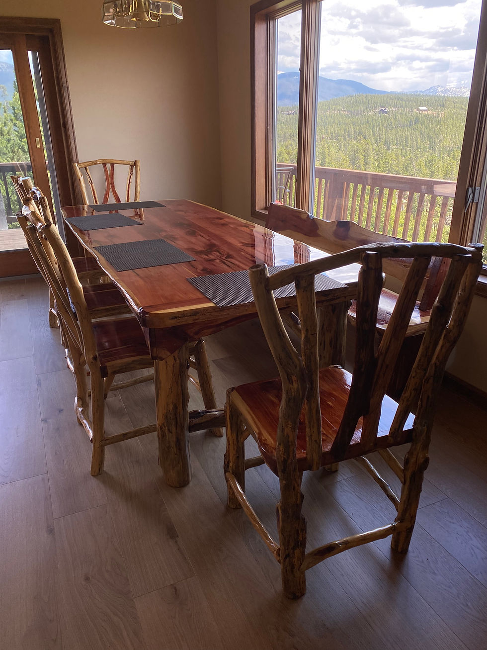 Thumbnail: Rustic Red Cedar 9 Piece Dining Table Set 8 Log Chairs 90"x44"+ Live Edge Top