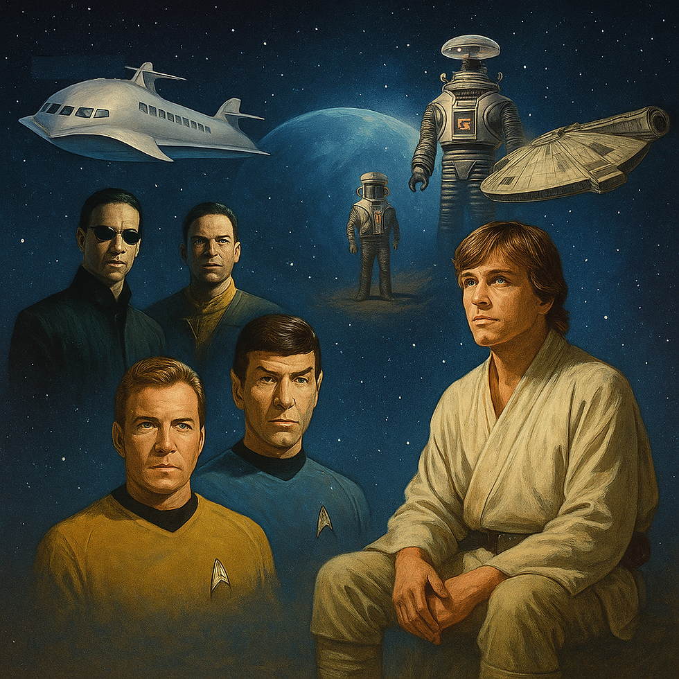 A montage of characters and objects associated with popular science fiction TV shows and movies including Star Wars, Voyage to the Bottom of the Sea, Star Trek, Lost in Space, and more. The background of the image is space filled with stars.