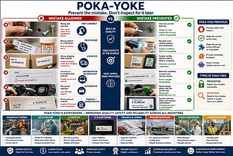 Infographic showing Poka-Yoke (mistake-proofing) principles with real-world examples from manufacturing, healthcare, logistics, IT, finance, transportation, food production, and construction, illustrating how error-proofing prevents mistakes before they become defects.