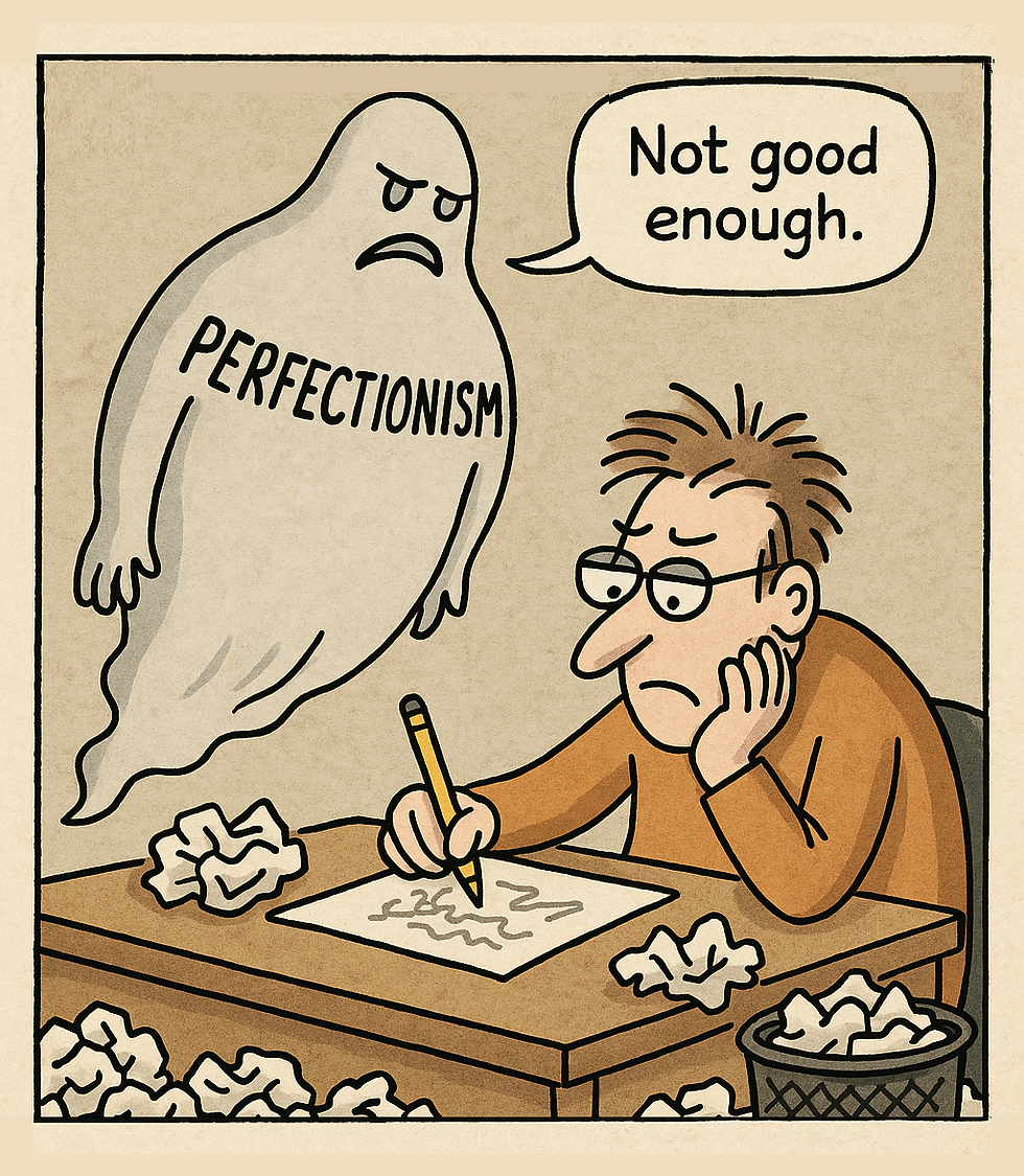 A frustrated cartoon character surrounded by a mountain of balled-up paper, all tossed around a wastebasket.
Hovering above them, a ghostly figure labeled “Perfectionism” whispers: “Not good enough.”
On the desk, one lonely messy sketch shows sparks of brilliance — hinting that this was the breakthrough draft.