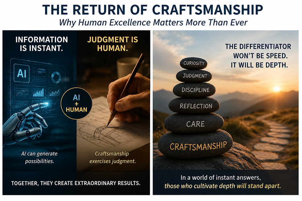 Illustration contrasting artificial intelligence with human craftsmanship, showing AI generating instant answers while thoughtful human judgment, curiosity, discipline, and experience guide meaningful decisions and high-quality work.