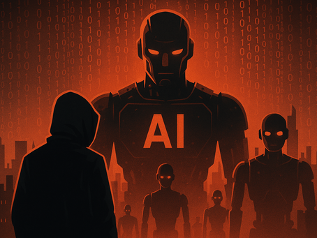 A sinister picture in red and black featuring AI robots, a hooded person looking back at the robots.