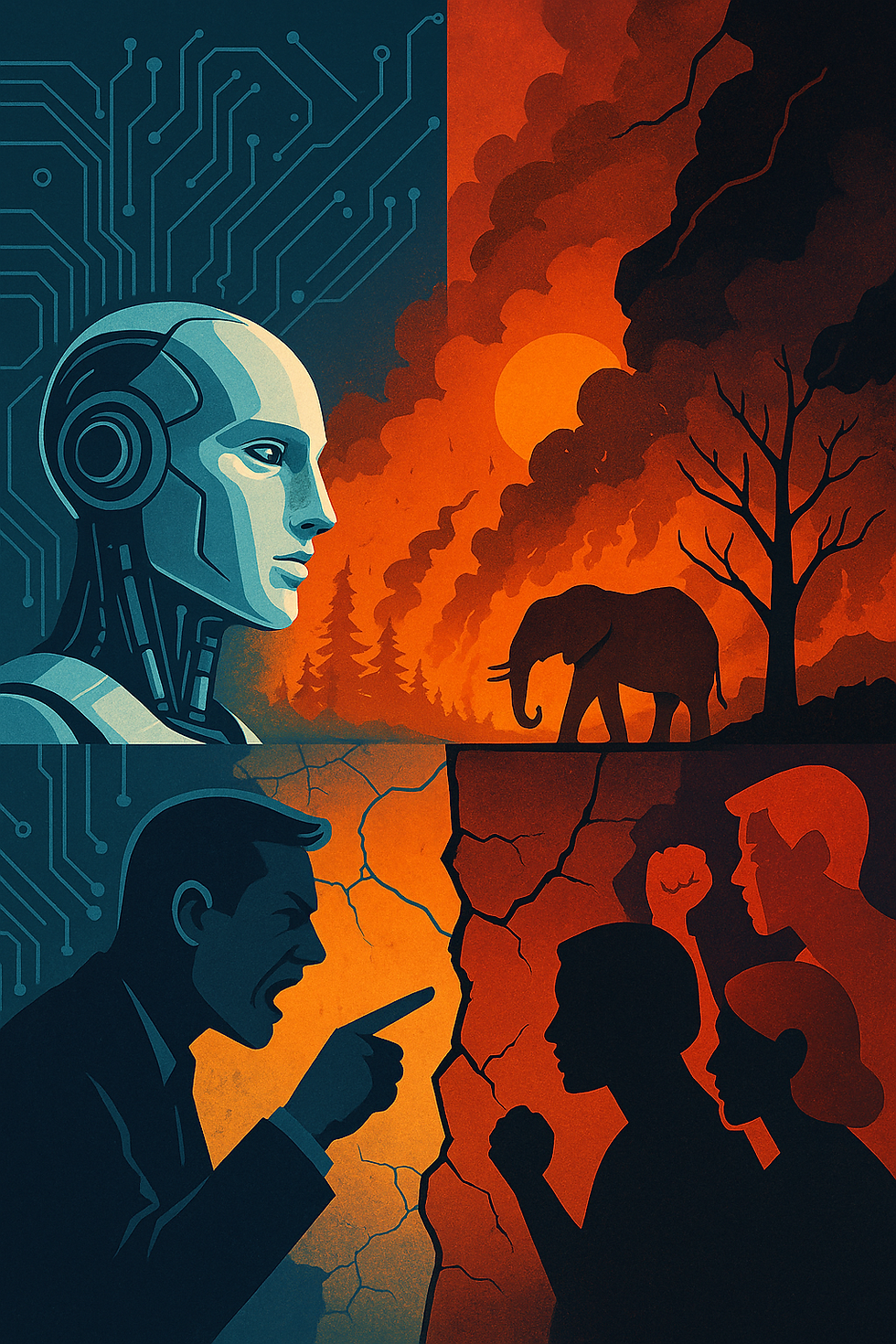 A collage depicting AI, environmental collapse, and political unrest.... challenges we all face today.