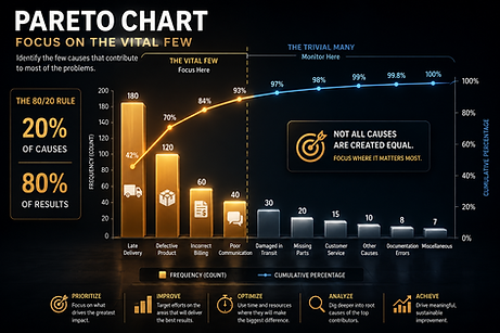 An image depicting the Pareto Chart and describing all of the components of the Pareto Chart.